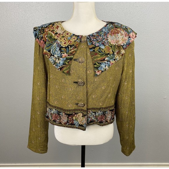 Vintage 80's Dorothy Schoelen Platnium Olive Floral Chic Bib Blouse Jacket Large - Picture 13 of 13